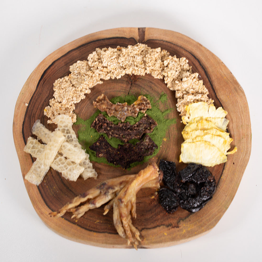 Top view of the Barkuterie Board dog treats made of dehydrated dog treats