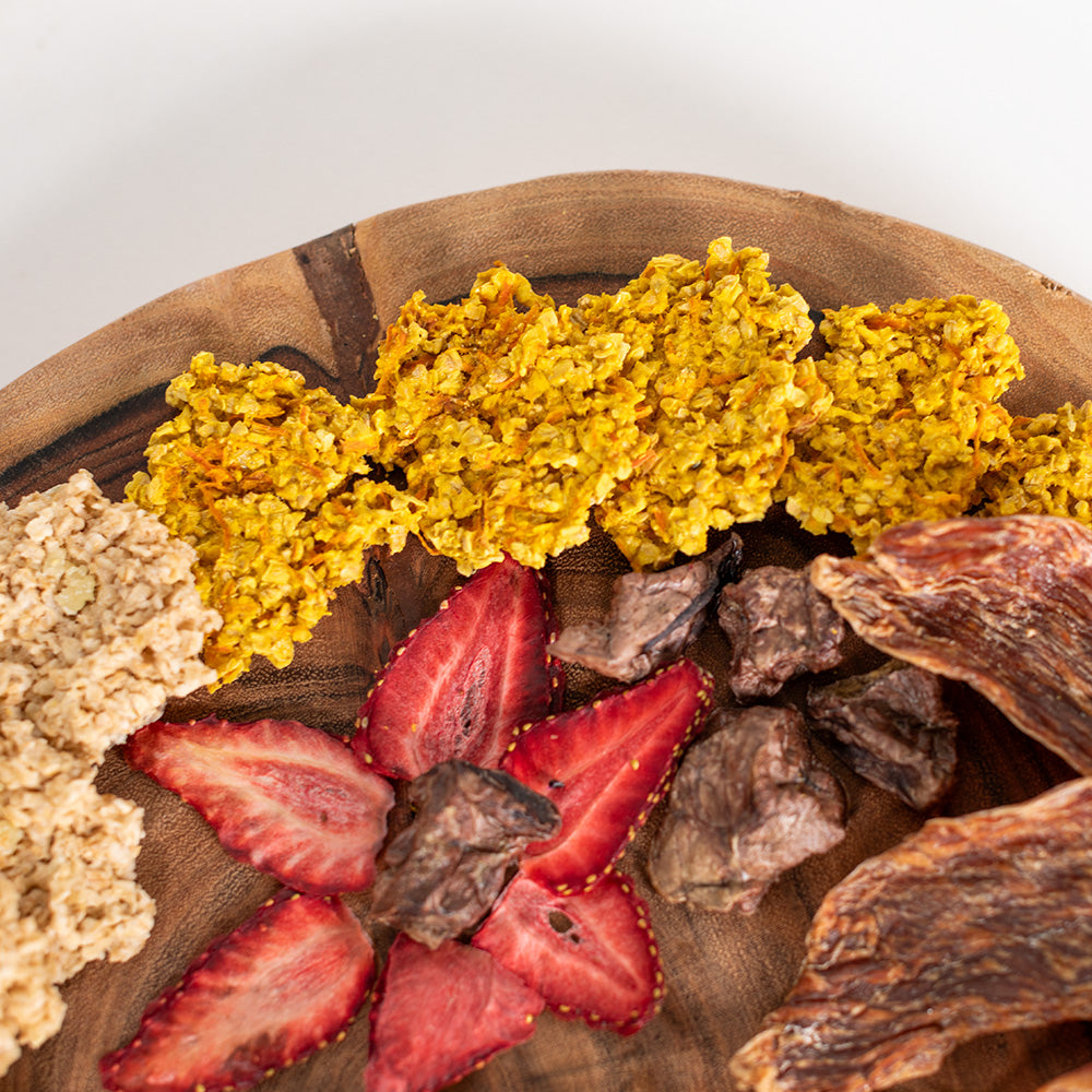 Top view of Barkuterie Board dog treats variety board with natural dehydrated dog treats