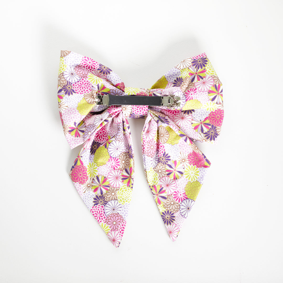 Women's hair bow in pink Japanese floral fabric
