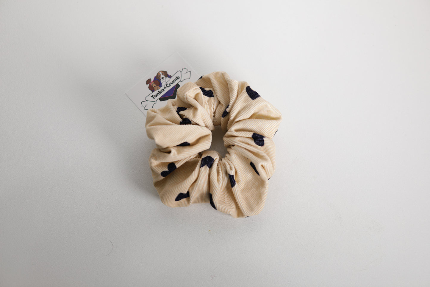 Women's scrunchie in navy blue hearts corduroy fabric