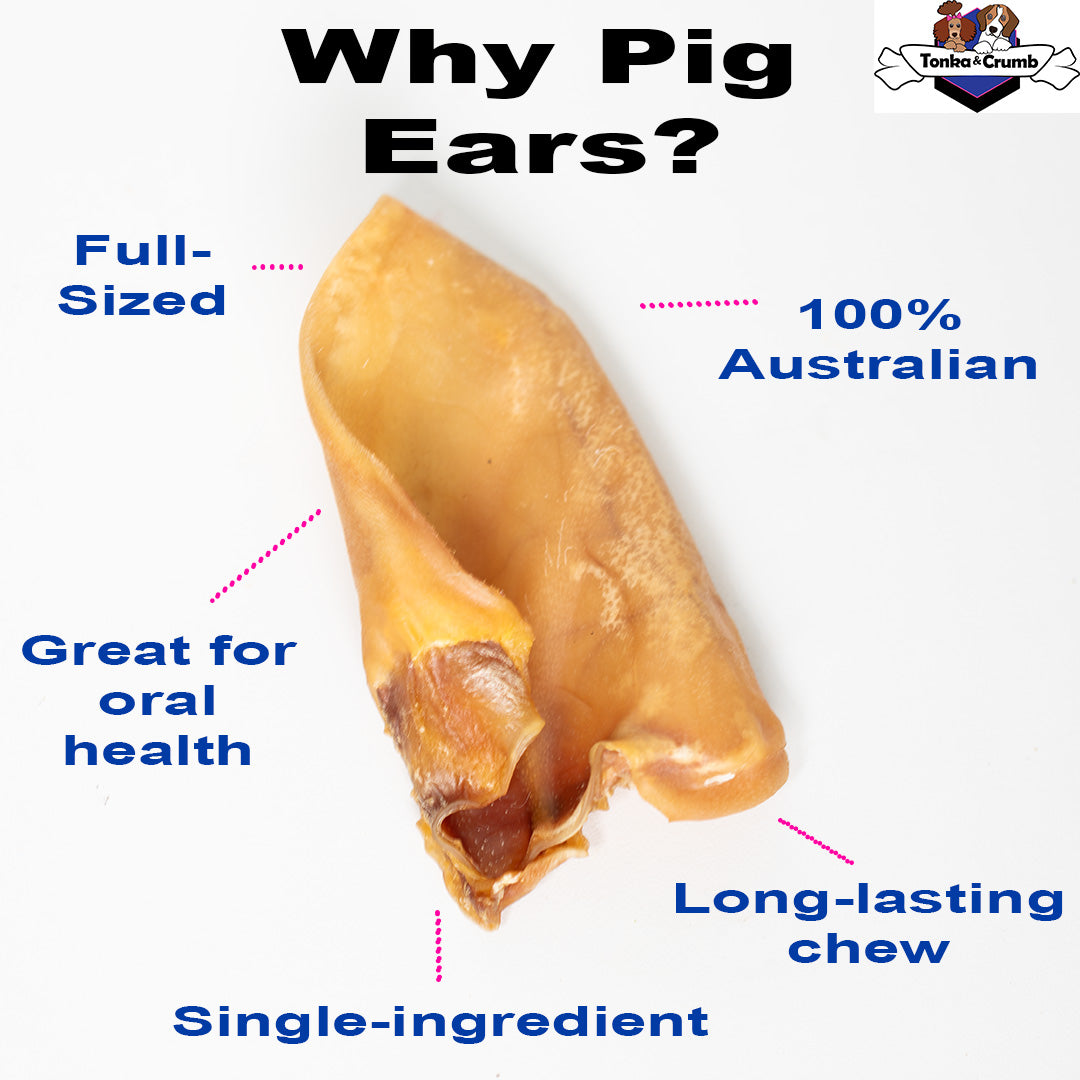 Pig ears for dogs with text