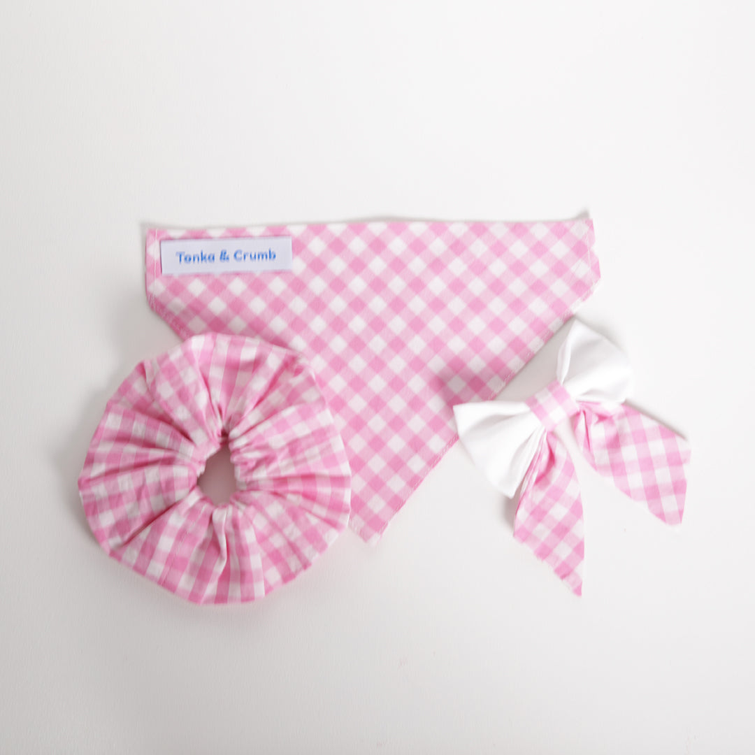 Pink gingham dog bandana with scrunchie and sailor bow