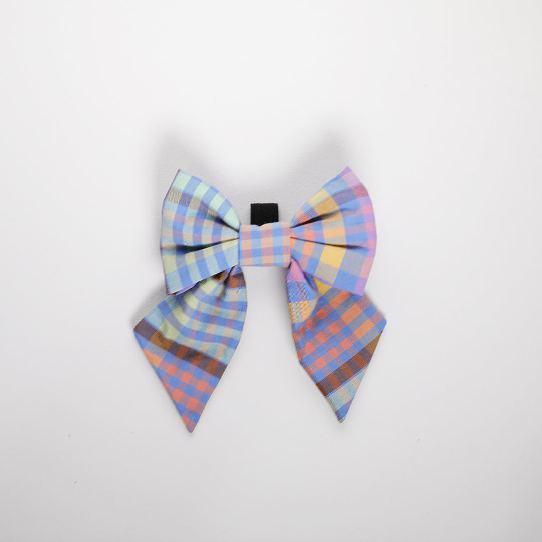 Pet sailor bow in blue check fabric