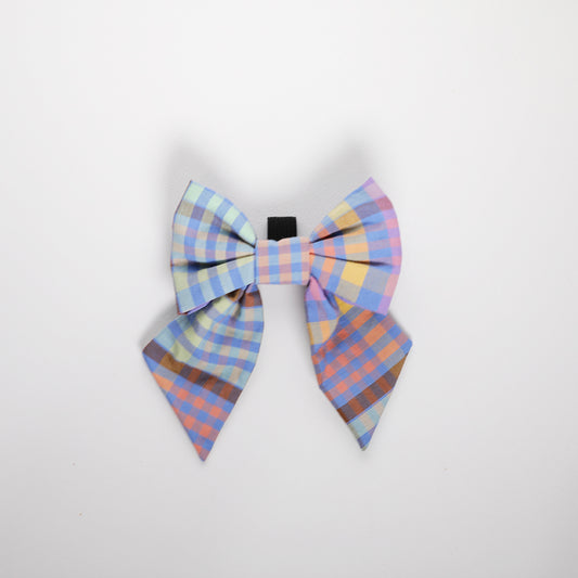 Pet sailor bow in blue check fabric
