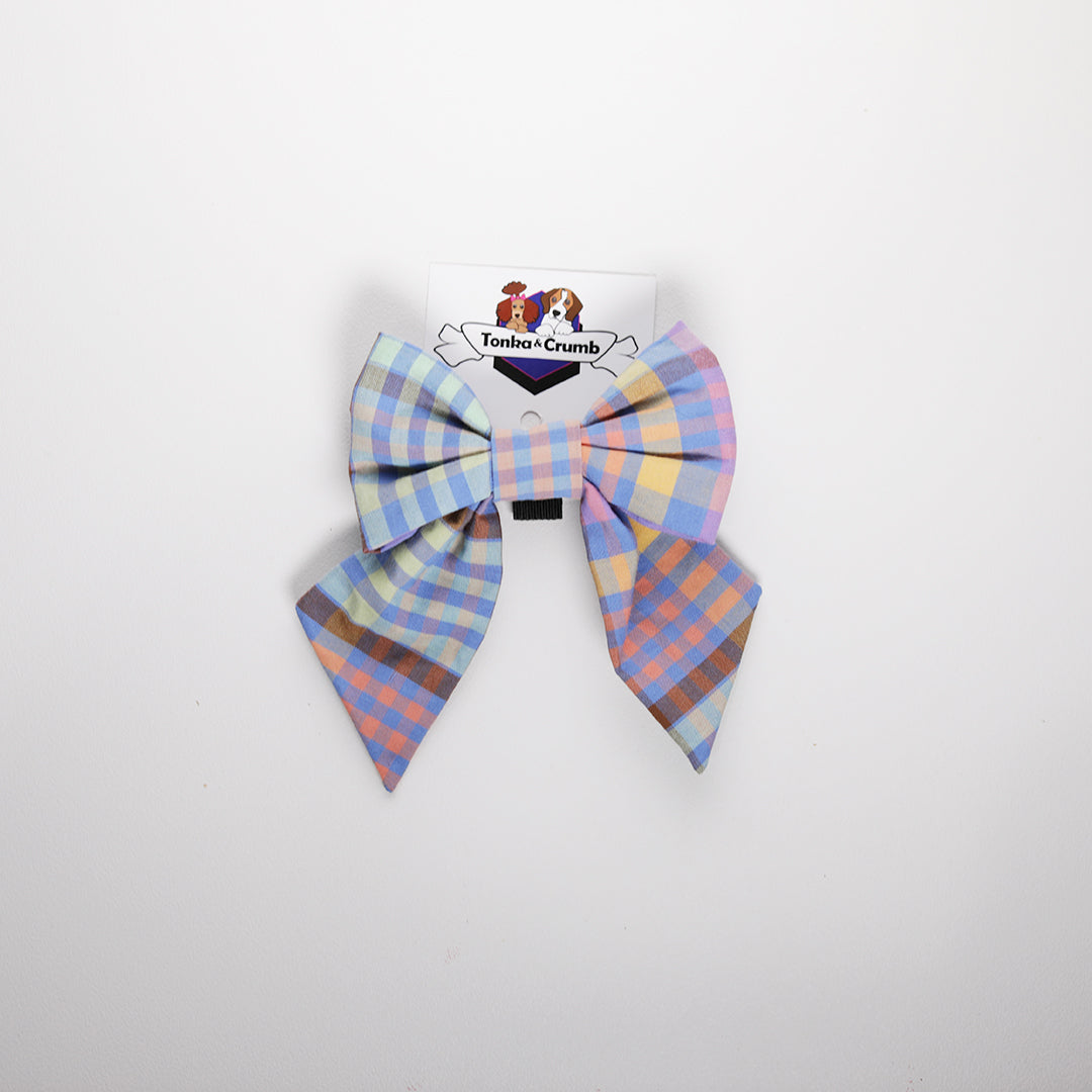 Dog bow in blue check fabric
