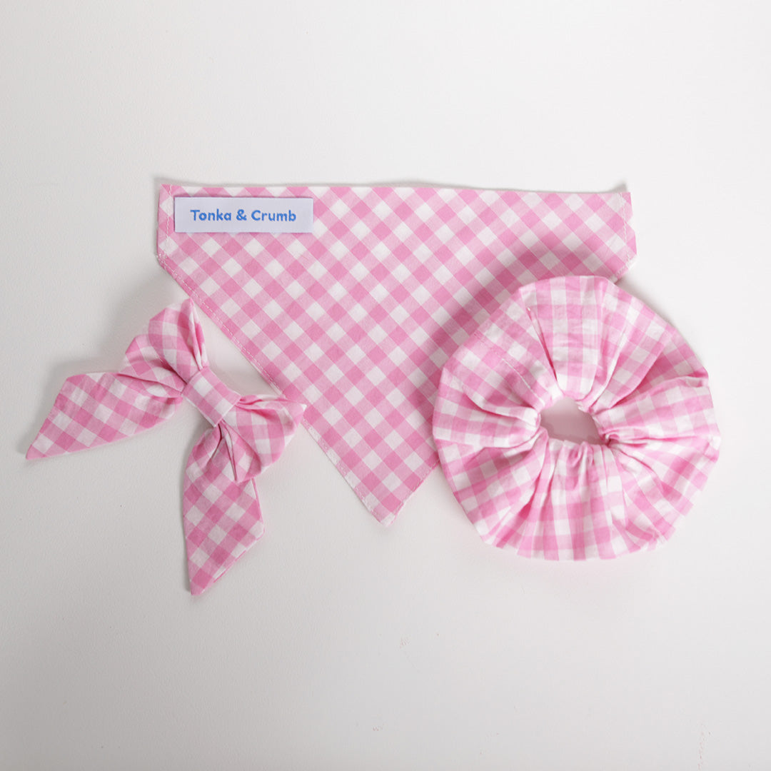 Pink gingham dog bandana with scrunchies and sailor bow